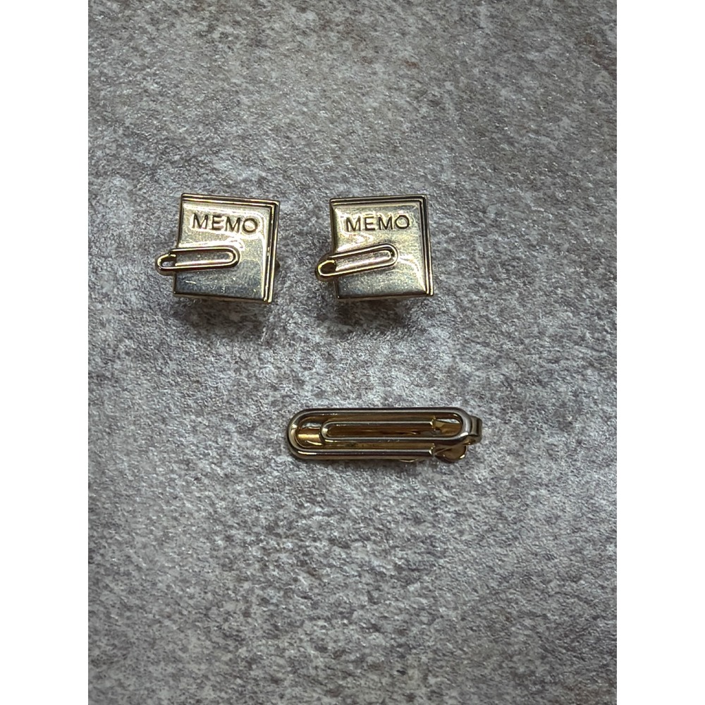 Vintage Swank Gold Tone Memo Pad Cufflinks and Paperclip Tie Clip Set Mens MCM